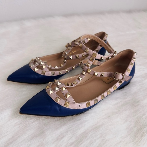 Valentino Garavani Shoes - ✨VALENTINO GARAVANI Rockstud Leather Cage Flats Blue Size 37.5
